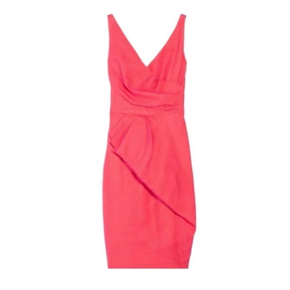 Lela Rose Vintage Pink & Orange Gingham Draped Tulle Silk Sheath Dress, Size 4